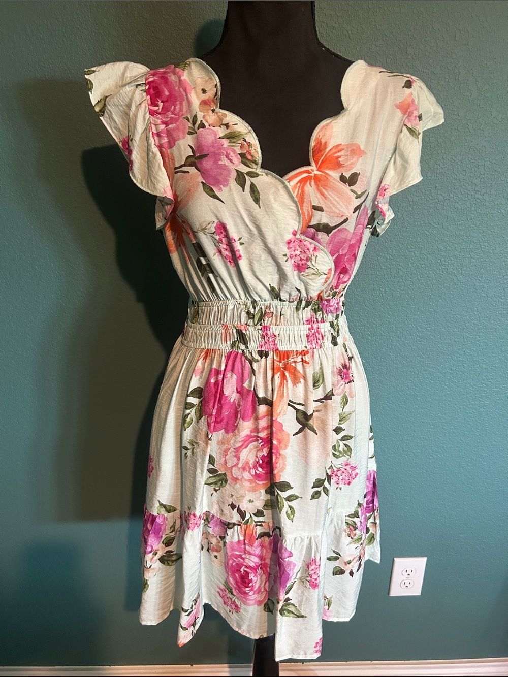 Mint Green Floral Ruffle Sleeves  Midi Dress Small New